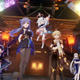 An image of Aether, Paimon, Ningguang, Beidou, Keqing, Xinyan, and Yun Jin celebrating.